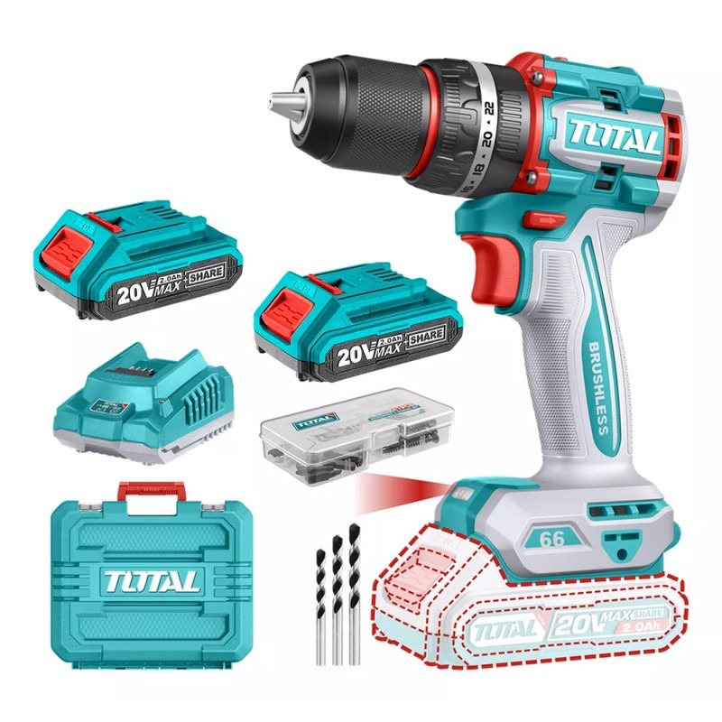 [X11666] Taladro Inalambrico 1/2 Bat 20V Bl C/2 Bat Litio 2Ah + Cargador +Accesorios Total - Utidli20668