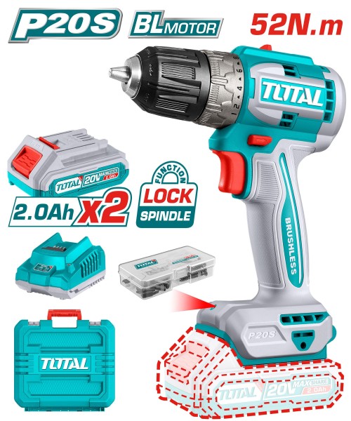 [X11526] Taladro Inalambrico 3/8" 20V C/2 Bat Litio-Ion 2Ah + Cargador + 47 Accesorios Y Estuche Total - Utdli20453