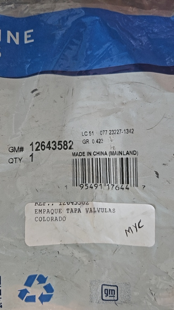 EMPAQUE TAPA VALVULA TRAIL BLAIZER/COLORADO 2.8 DIESEL