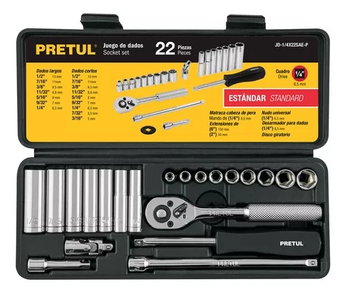 JUEGO DE 22 HERRAMIENTA 1/4 MM PARA MECANICO PRETUL