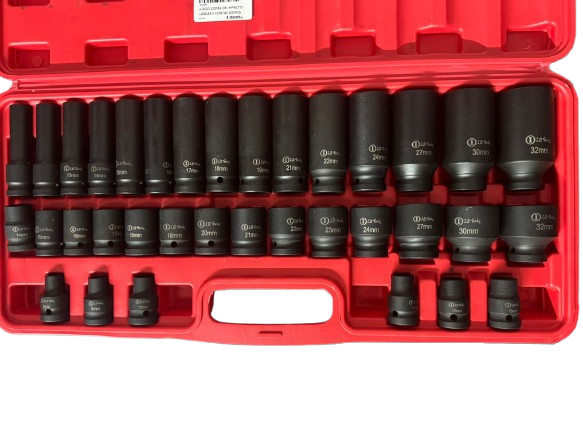JUEGO COPAS DE IMPACTO LARGAS Y CORTAS X35PCS  CTE 1/2"  10-32MM ESTUCHE ROJO I.O COMPANY - 4504C