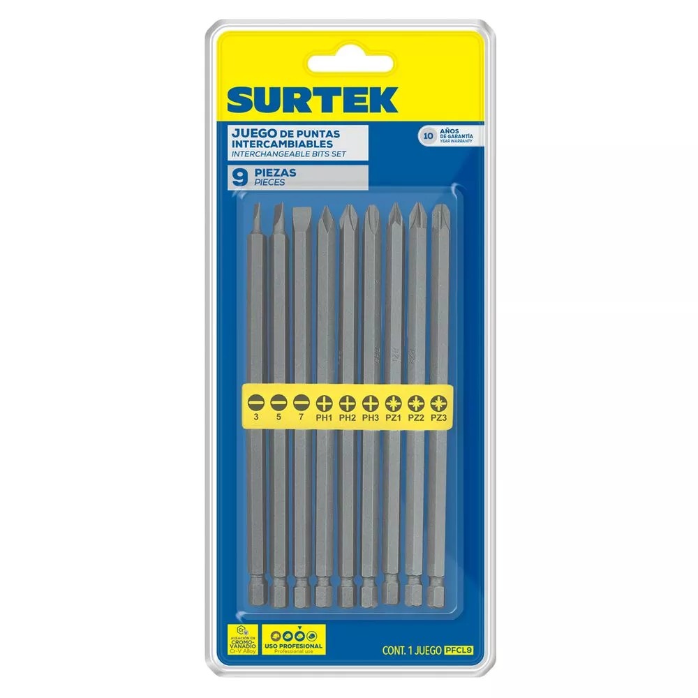 [X11923] Juego De Puntas Intercambiables Largas 15 Cm X 9Pcs Surtek - Pfcl9