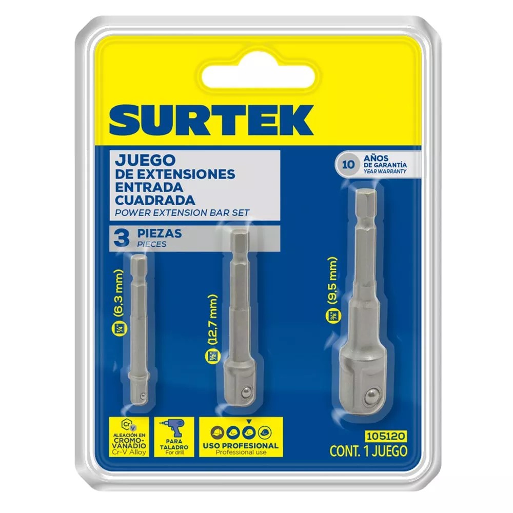 JUEGO DE EXTENSIONES ENTRADA CUADRADA 1/4, 3/8, 1/2 SURTEK 105120