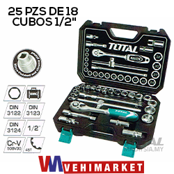 Juego 25 Pzs De 18 Copas 1/2" 10-32Mm Ratchet+ Acces En Estuche- Tht121251