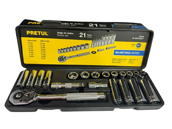 JUEGO 21 HERRAMIENTAS 3/8"MM PARA MECANICO PRETUL