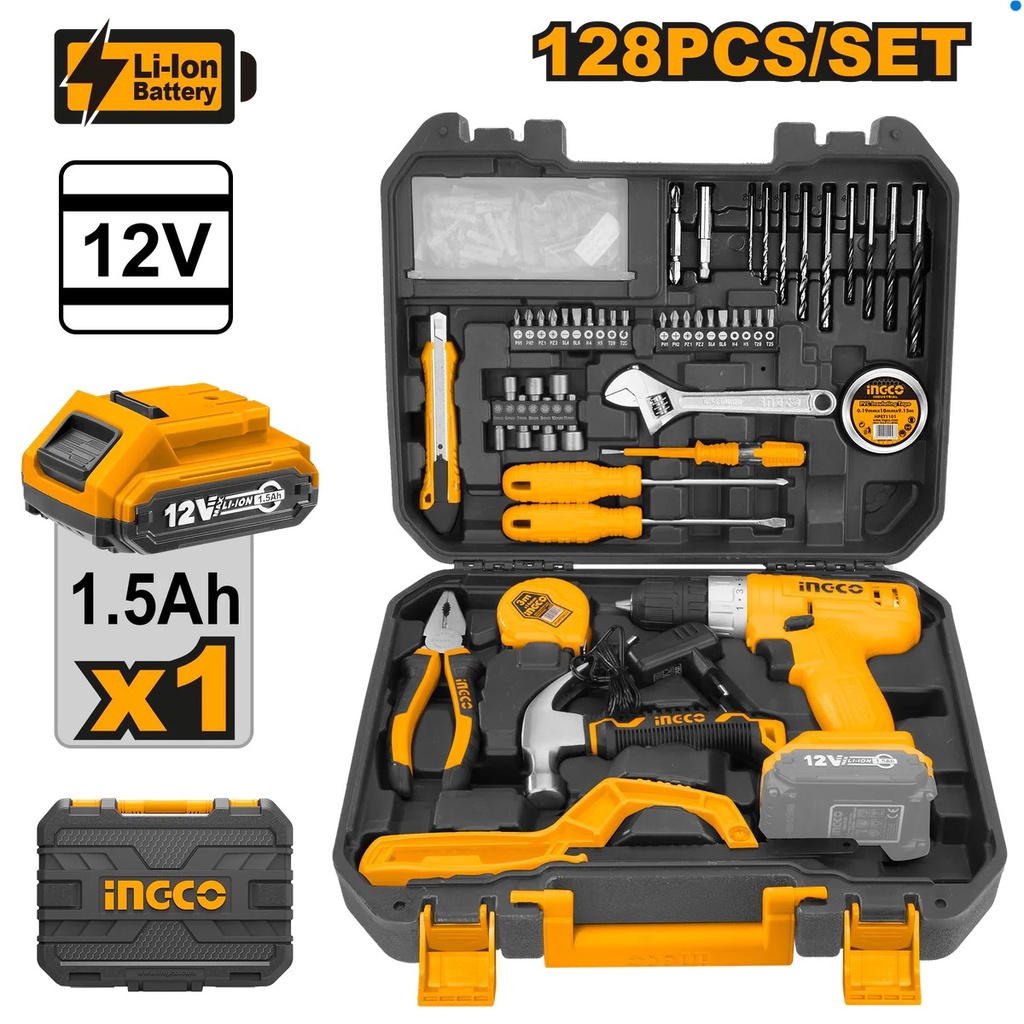 KIT HERRAMIENTA 128PCS CON TALADRO 12V INGCO - UHKTHP11281