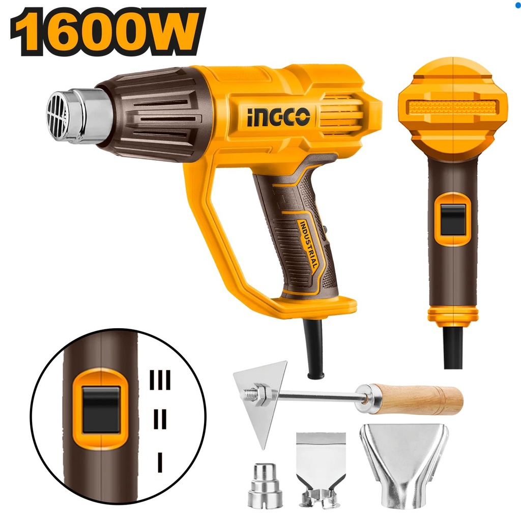 PISTOLA DE CALOR 110/120V 60HZ 1600W 450/550°C 3 CONFIGURACIONES DE TEMPERATURA CON BOQUILLAS Y RASPADOR INGCO - UHG160078