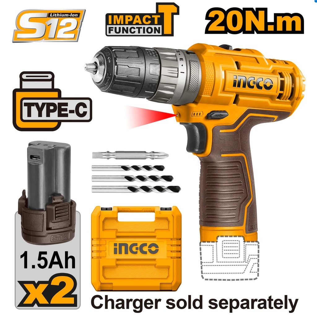 TALADRO M3/8 12V 20NM IMPACTO 2 BATERIAS SIN CARGADOR INGCO - CIDLI12202