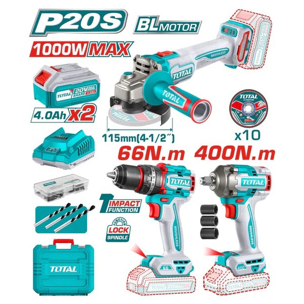 COMBO PULIDORA 4 1/2 + LLAVE IMPACTO 1/2 + TALADRO PERCUTOR 1/2 66 NM 20V +2 BATERIAS 4 AH + ACCESORIOS UTOSLI241291 TOTAL