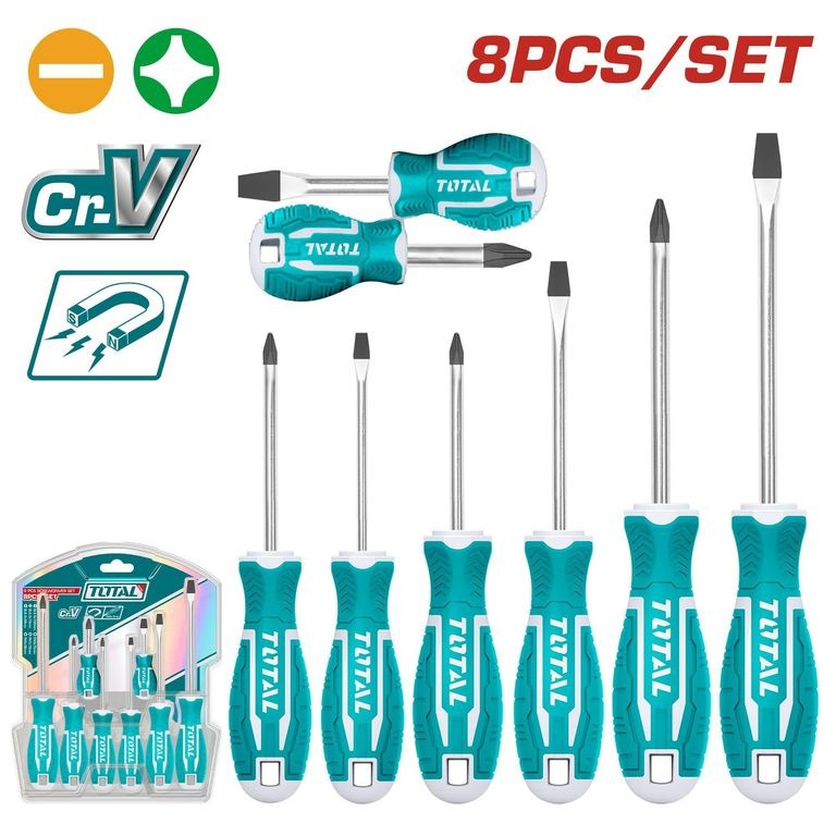 Juego 8 Destornilladores Planos Y Phillips Crv En Blister Tht250608 - Total
