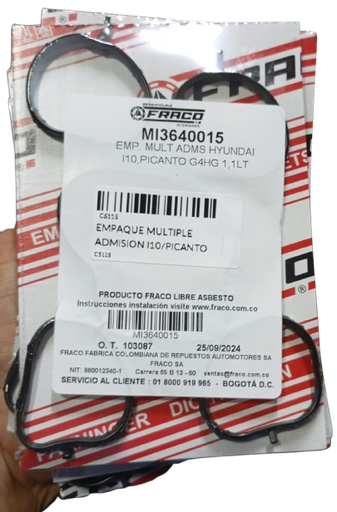 [C5115] EMPAQUE MULTIPLE ADMISION I10/PICANTO MARCA FRACO MI3640015