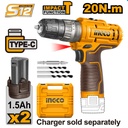 TALADRO M3/8 12V 20NM IMPACTO 2 BATERIAS SIN CARGADOR INGCO - CIDLI12202