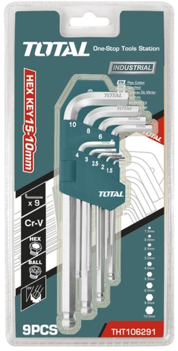 [X10511] JUEGO 9 LLAVES ALLEN PUNTO DE BOLA HEXAGONALES LARGAS - THT106291