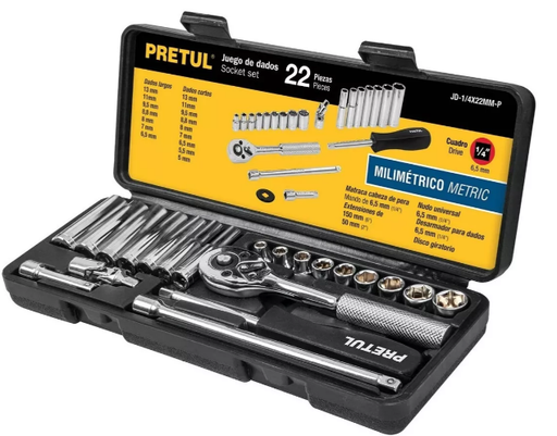 [X11218] JUEGO DE RATCHET Y COPAS 22 PIEZAS 1/4 PRETUL